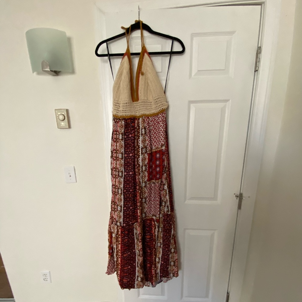 70’s boho inspired crochet halter maxi dress